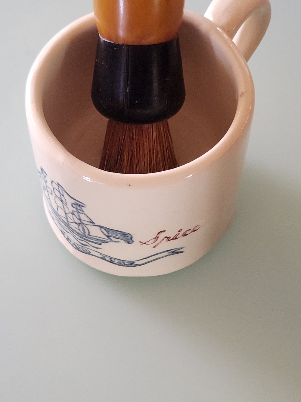 Old Spice Shave Mug/Mug. Cream Ceramic Shaving Mug with Blue Ship Illustration.